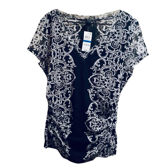 NWT Macys B&W Baroque Mesh Ruched V-Neck Top XL I.N.C. International Concepts - Picture 2 of 9